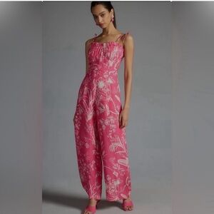 Anthropologie Pink and White Floral Jumpsuit Sleeveless Wide-Leg
